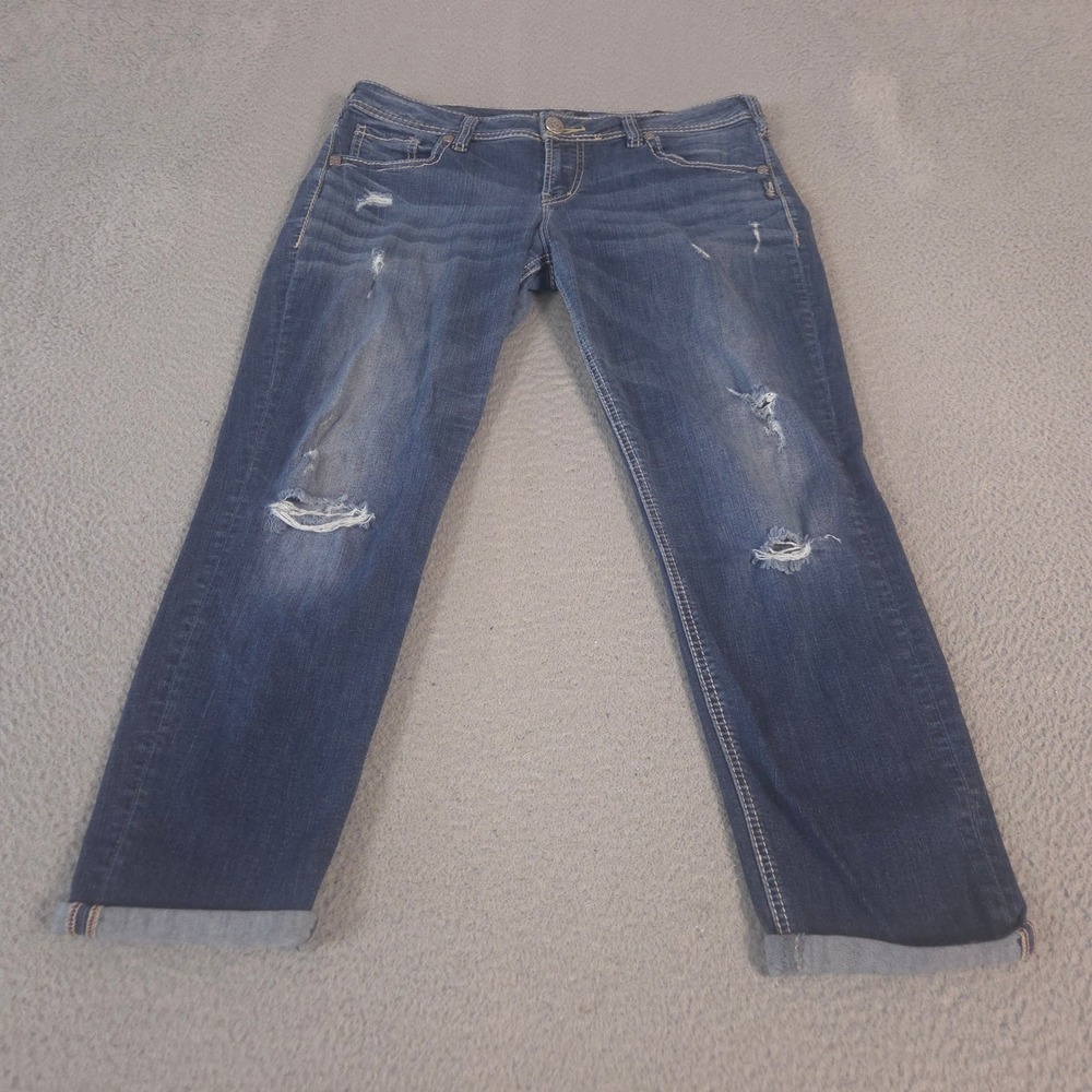 Silver Jeans Co Jeans Womens 31 Blue Boyfriend Fluid Denim Distressed Slim Leg